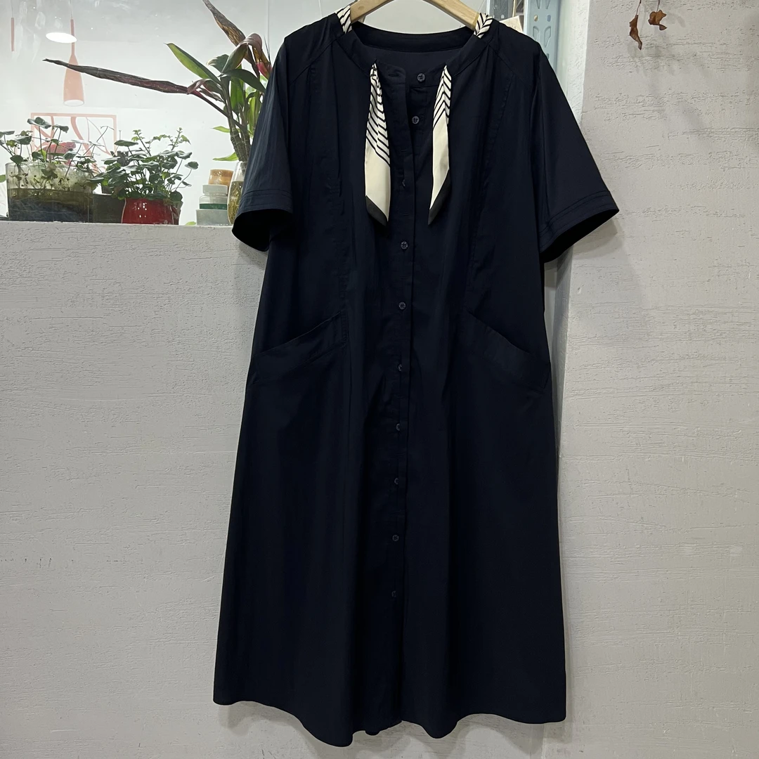 水木工芳2025新款日系带领结时尚百搭显瘦短袖单排扣连衣裙女9051