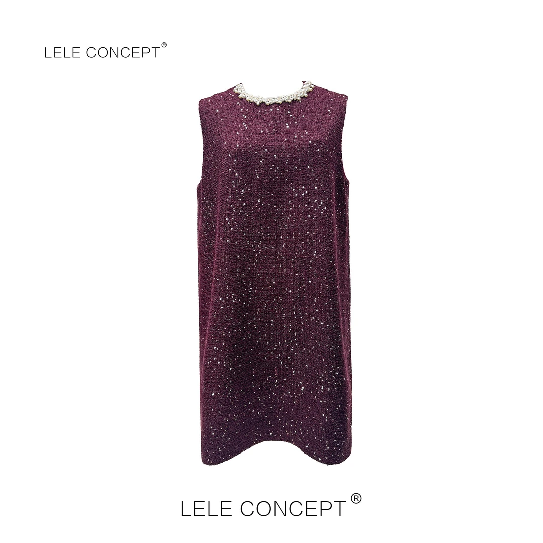 LELE CONCEPT |「夭夭」气质设计款钉珠亮片无袖连衣裙Q0449