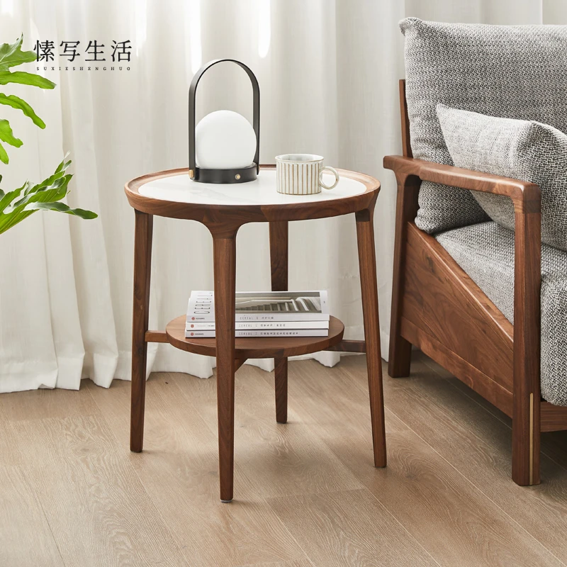 黑胡桃木边几圆形茶几实木圆几原木小边几沙发角几岩板小茶几