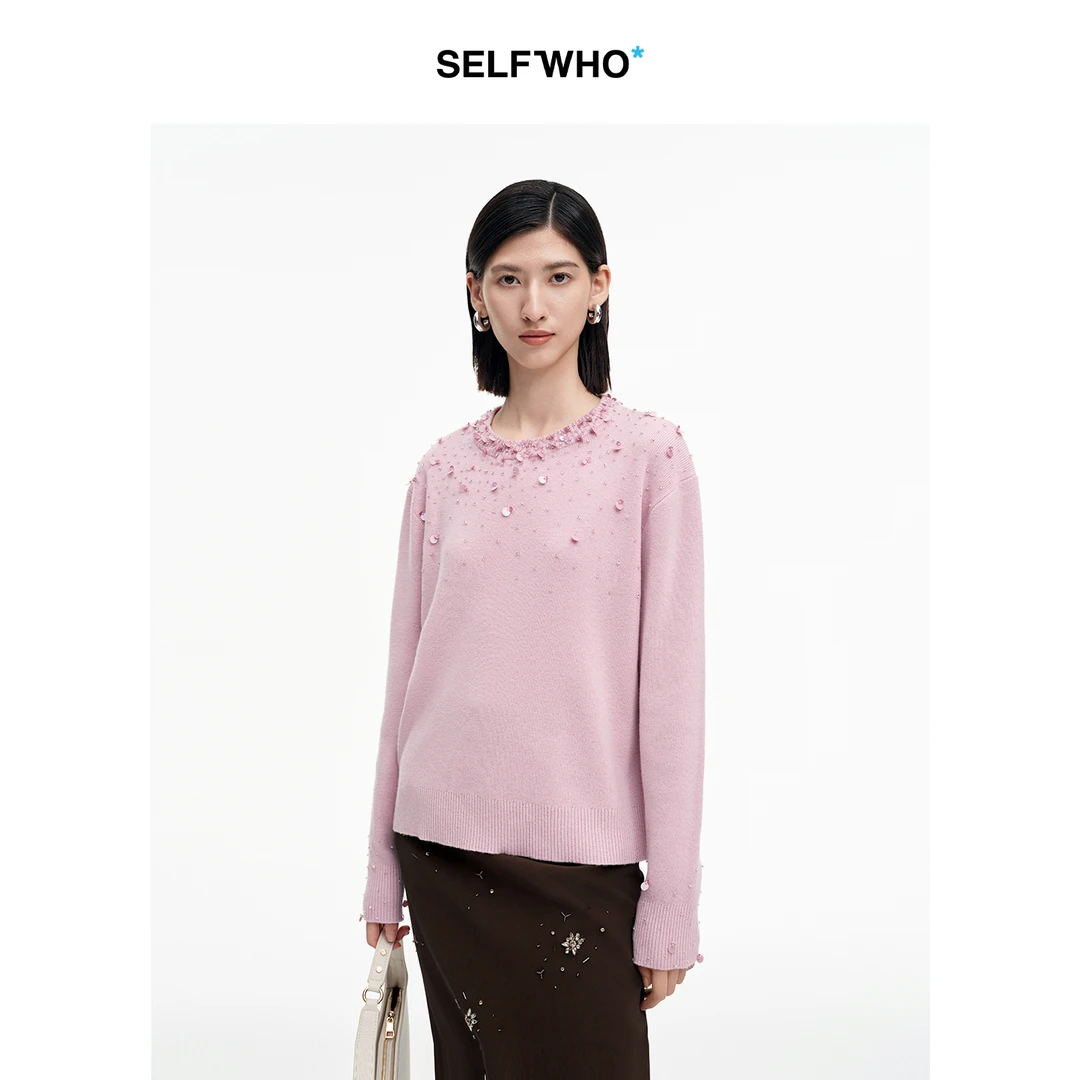 SELFWHO100%绵羊毛手工钉珠毛衣女2025秋季新款保暖圆领针织上衣