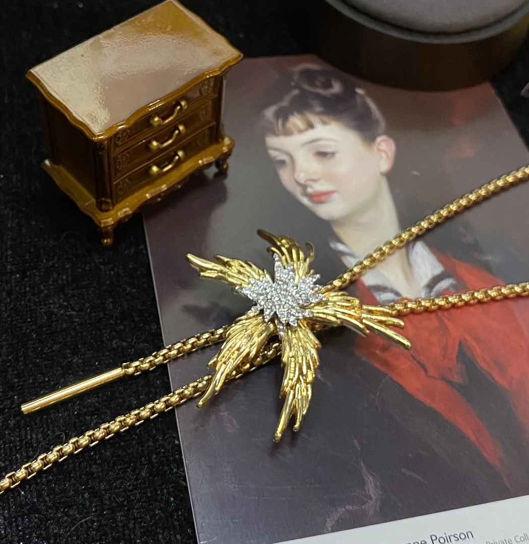 铜合金项链 原创设计高奢火焰毛衣链 火焰胸针火焰耳环套装