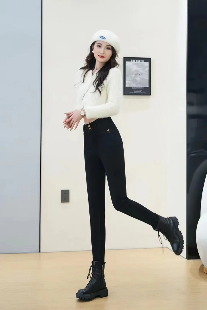 9128款裤长96-秋冬薄绒黑色高腰直筒修身弹力小脚牛仔长裤女