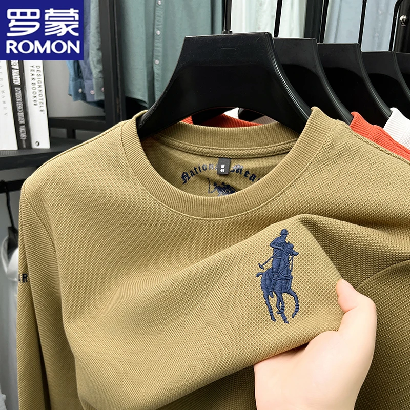 罗蒙春秋新款长袖T恤男潮流刺绣百搭圆领卫衣时尚休闲套头打底衫