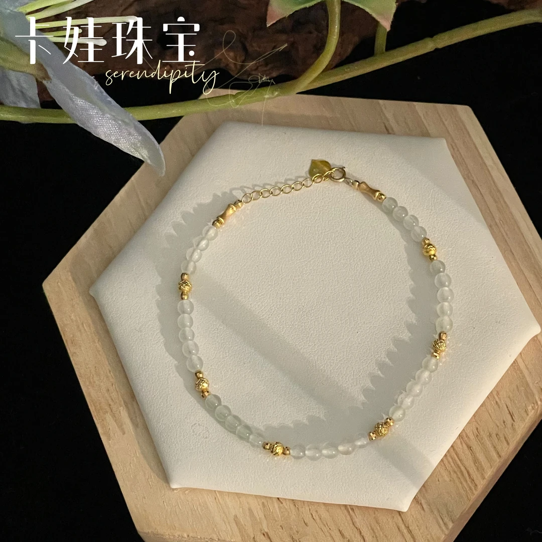 18K金翡翠手链白冰小米珠手串轻奢百搭简约金手链送女友 礼物