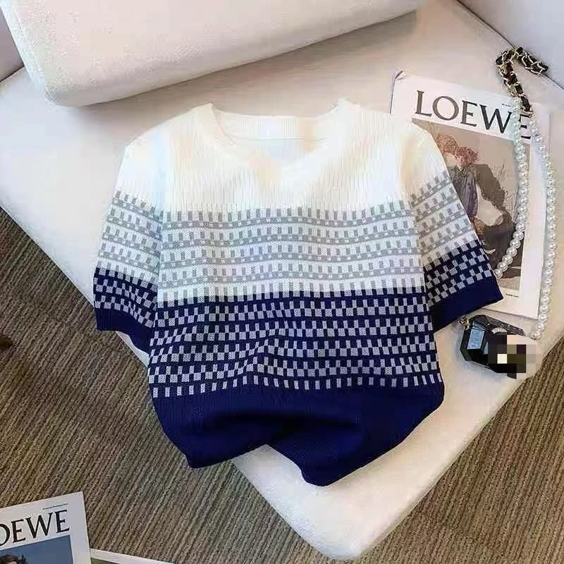 【渐变华夫格】夏季薄款新款复古渐变色条纹短袖显瘦小众上衣女