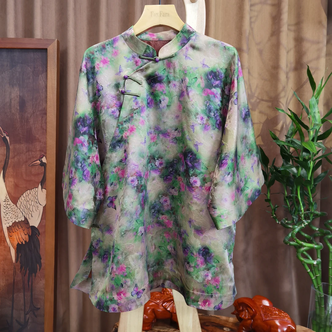 富美国风香云纱太太服F0090绿底紫蝴蝶