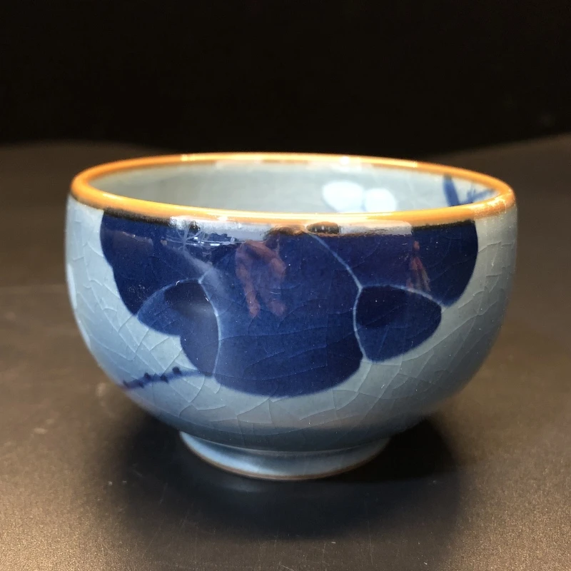 12.18/N100160/00800/老陶泥青花荷花冰裂禅定杯口径7.8/高5/90cc