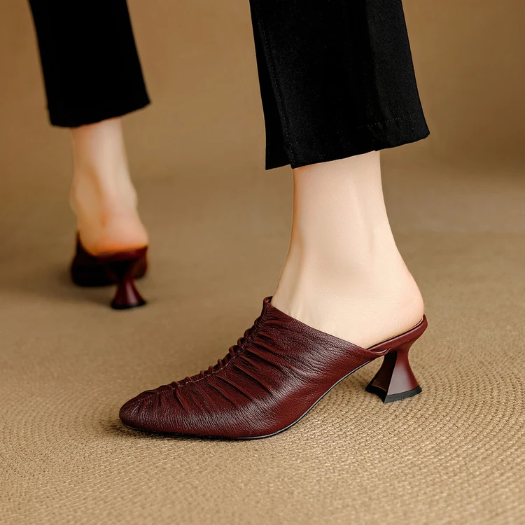 时尚高级感/5.5cm羊皮法式细高跟包头半拖鞋女外穿拖鞋女鞋外穿