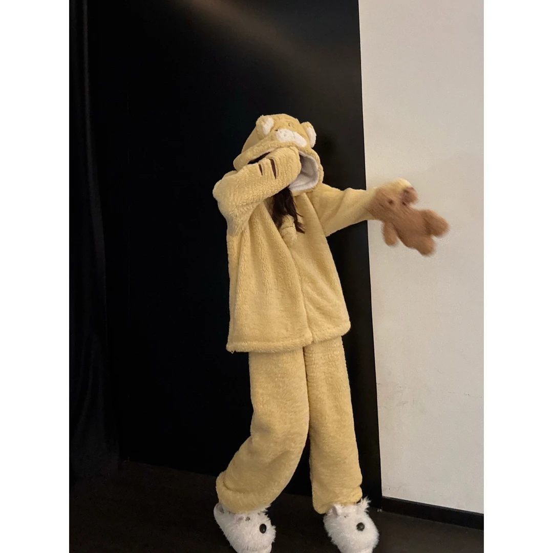 韩系小老虎卡通甜美温柔卡通连帽珊瑚绒睡衣女冬可外穿家居服套装