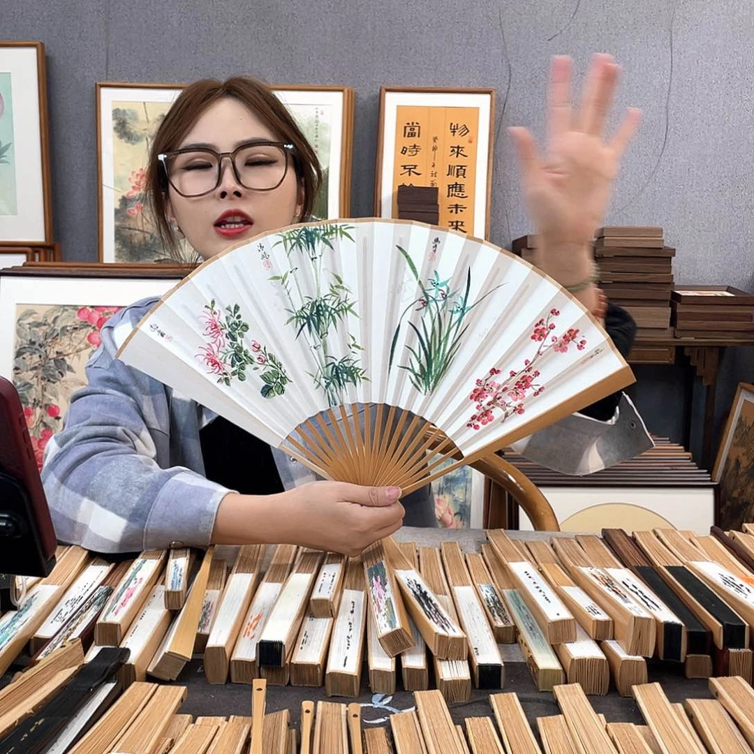 国画95寸玉竹-纯手绘-文玩扇骨（默认粘好）