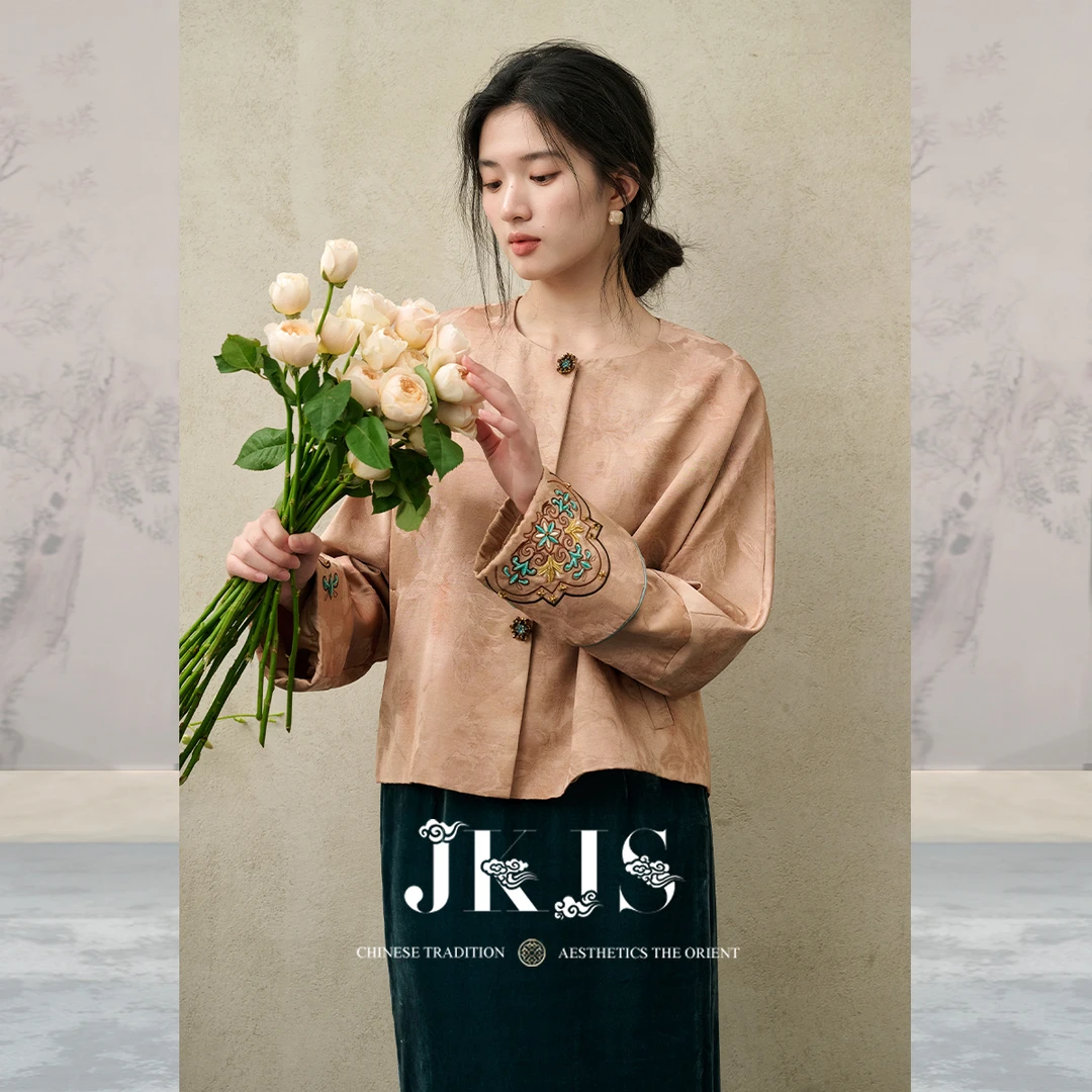 JKJS【流萤渡】人丝羊毛提花 袖口钉珠绣花 新中式短款外套春秋