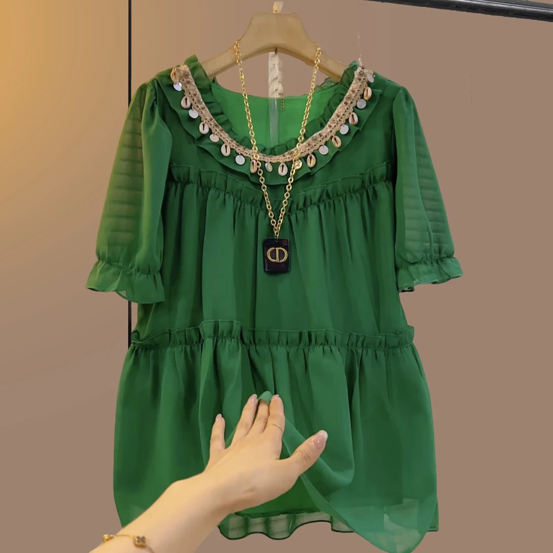 夏季大码女装胖妹妹绿色大版遮肉显瘦宽松百搭时尚短款上衣大衫