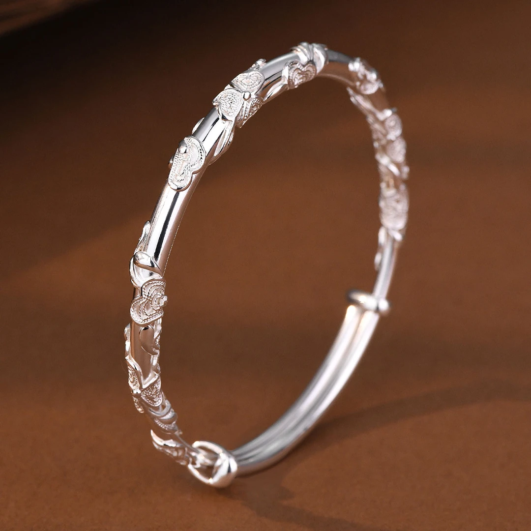 足银手镯 纯银繁花手镯浮雕实心超美三叶草银镯子送生日礼物女生