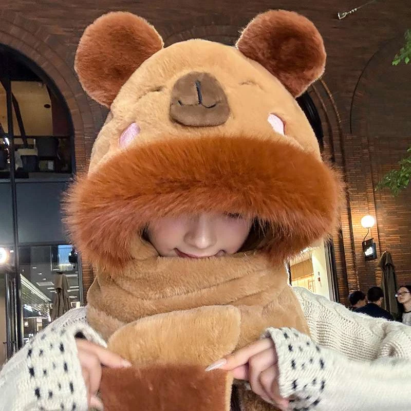 FAVMARTHA可爱卡皮巴拉毛绒帽子围巾一体女冬季加厚保暖手套连帽