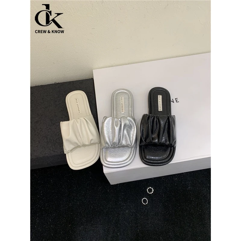 【官方正品】法式平底褶皱一字拖女鞋外穿2025新款夏季仙女风度