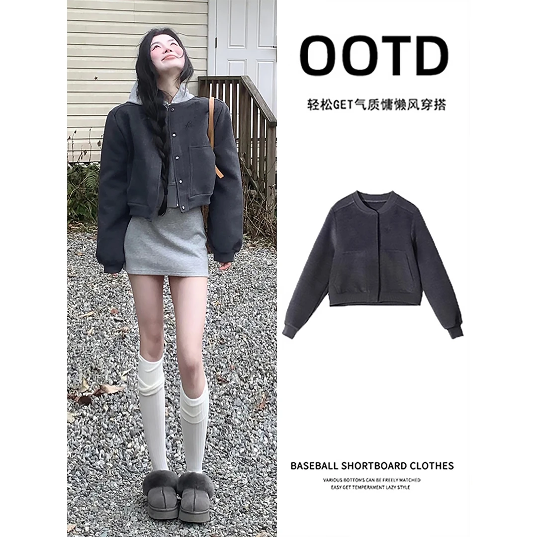 灰色短款棒球服夹克外套女秋冬小个子正肩卫衣韩系上衣薄款