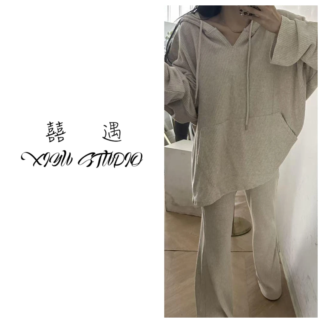 连帽拉链毛衣开衫外套两件套女秋冬新款休闲阔腿裤加厚针织衫套装