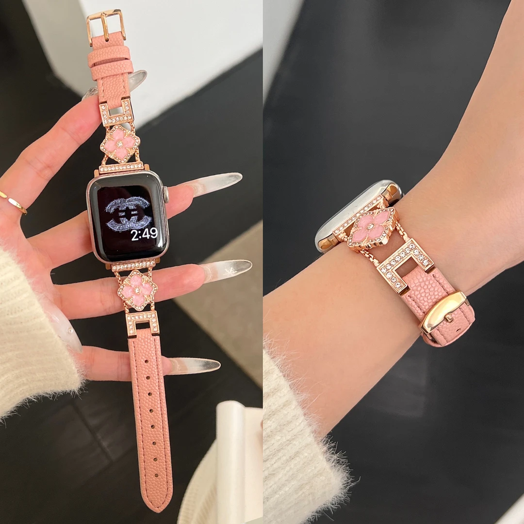 适用苹果手表表带applewatchs11/10四叶花iwatch表带女高级感真皮