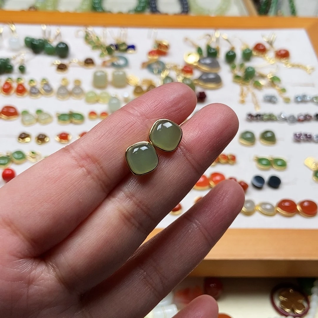 和田玉耳饰银S925镶嵌