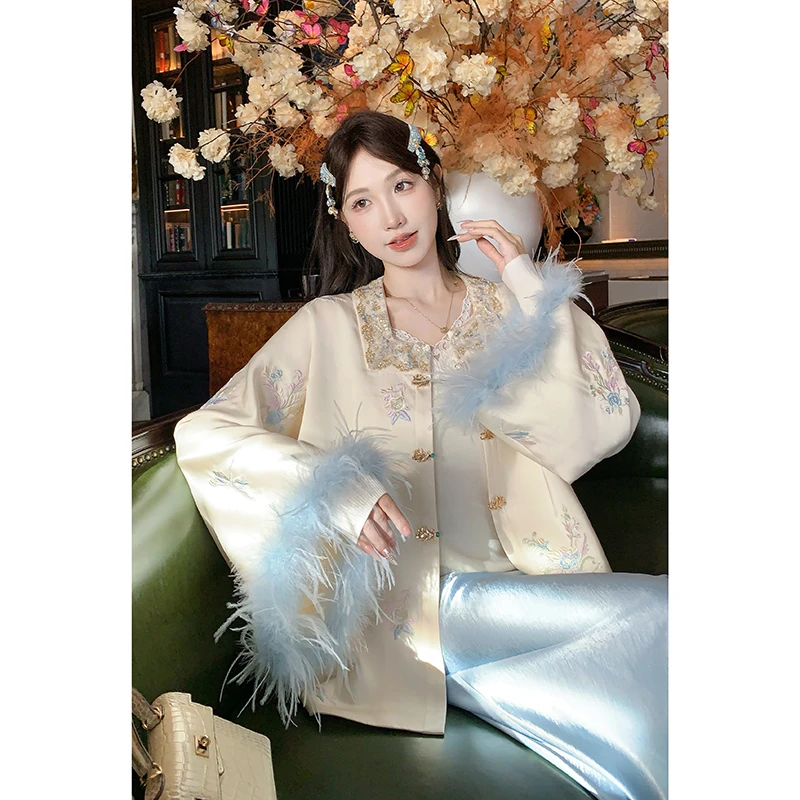 果果家【青玉莞】2025女装秋刺绣马甲上衣新中式外套半身裙