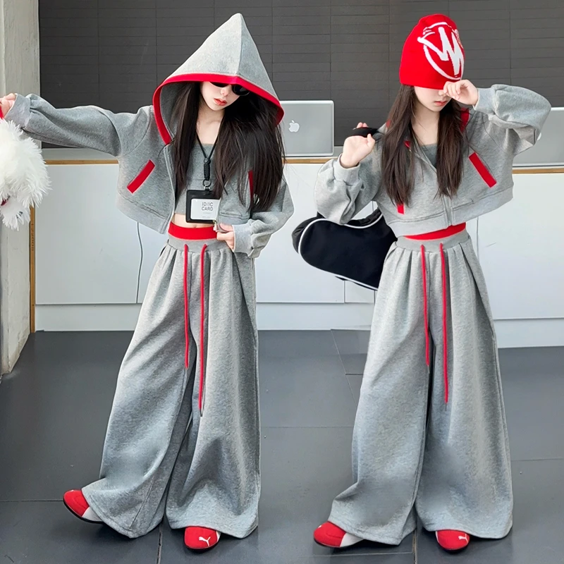 女童套装秋款2025大童女孩秋季连帽卫衣双腰头阔腿裤运动服两件套