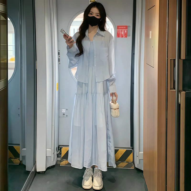 韩版时尚纯色套装女2026年夏季新款遮肉防晒衬衫吊带连衣裙两件套