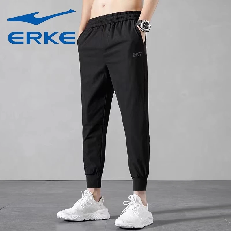 鸿星尔克运动裤男士夏季薄款针织透气黑色休闲弹力修身束脚九分裤