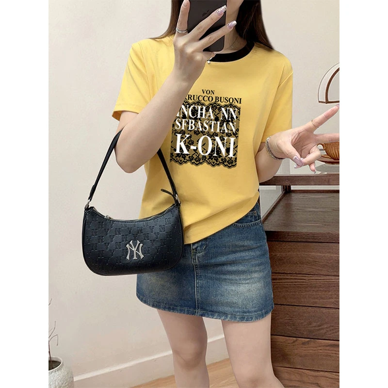 2025夏季新款领口插色圆领短袖黄色高级感正肩独特漂亮t恤女上衣