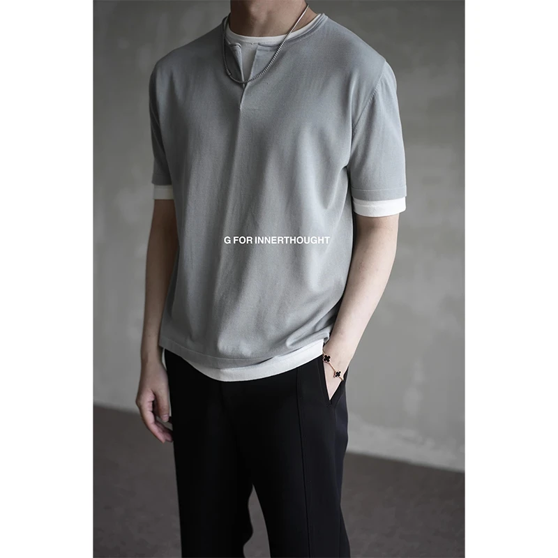 G FOR INNERTHOUGHT|2024SS醋酸混纺棉质真两件叠穿针织短袖男