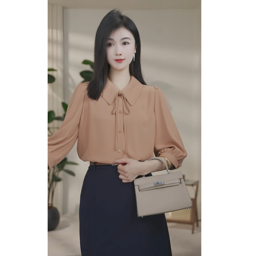 【小北甄选】欧若风8592293A奶橘色气质休闲时尚薄款衬衫设计感百搭