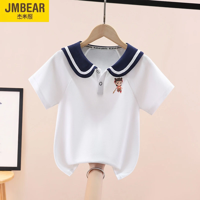 JMBEAR/杰米熊女童2025年新款夏季海军翻领上衣夏季透气半袖T恤衫