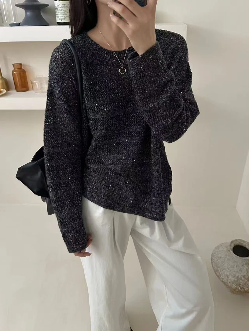 /343/秋季新款亮片羊毛圆领微透长袖针织衫女2025韩版宽松上衣