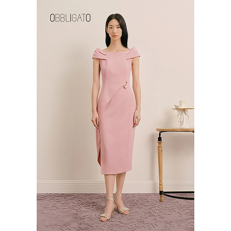 OBBLIGATO奥丽嘉朵2025夏季1C35205110新品侧开衩珍珠收腰连衣裙
