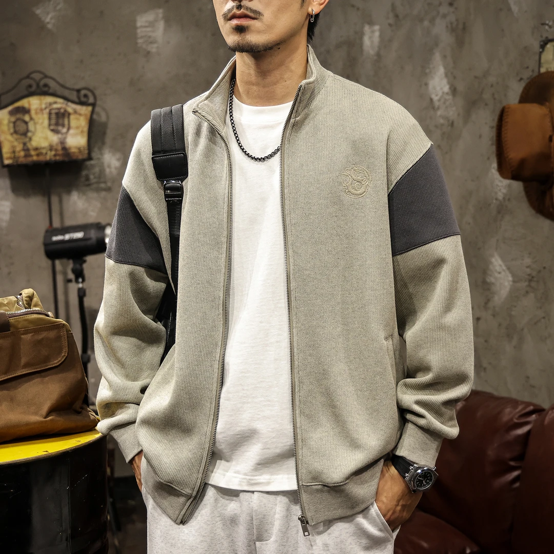 U&PURA美式潮牌立领卫衣男春秋新款宽松拼接撞色刺绣帅气开衫外套