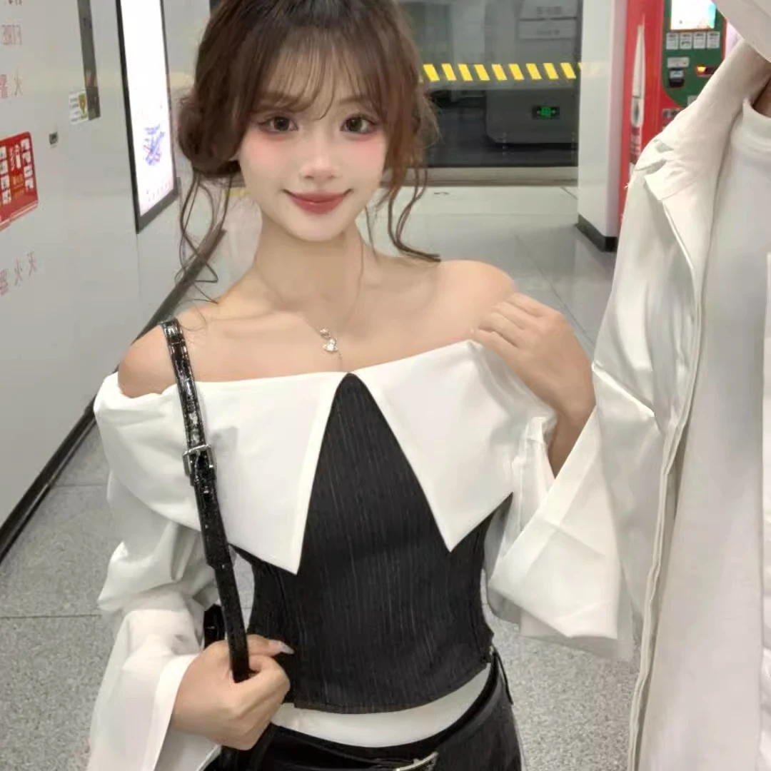 小众炸街高级感女装露肩纯欲一字肩长袖衬衫上衣百搭阔腿西装长裤