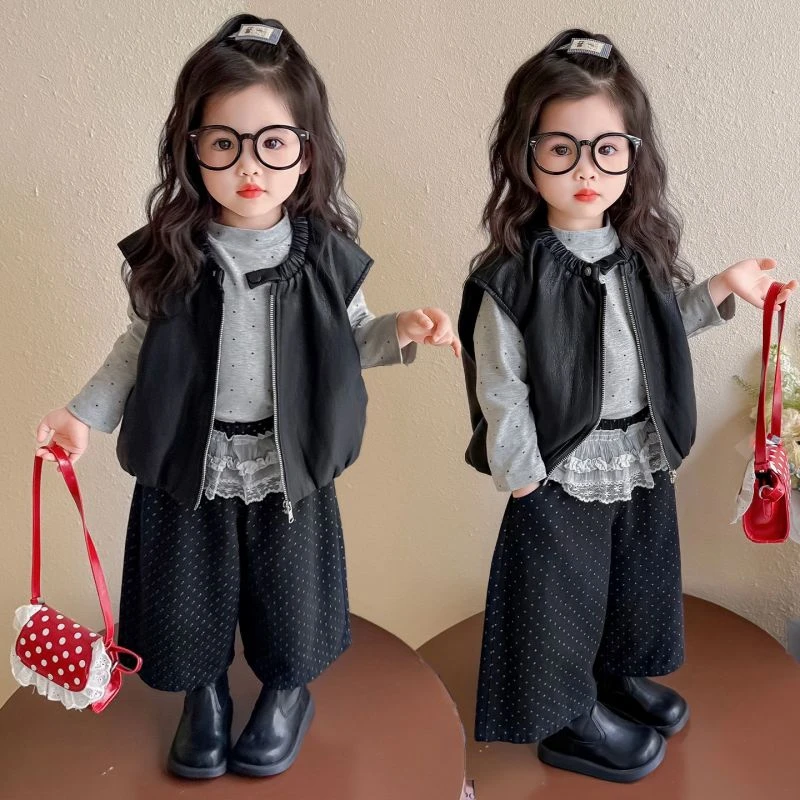 女童秋装套装2025新款时髦洋气儿童皮马甲春秋款小女孩韩版三件套