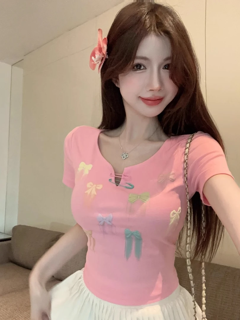 多巴胺蝴蝶结正肩短袖t恤女夏季纯欲甜美辣妹短款卡腰小上衣半袖