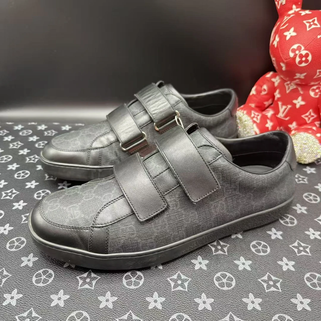 95新 GUCCI/古驰 黑色暗纹老花魔术贴休闲时尚ACE板鞋42码ddm3320