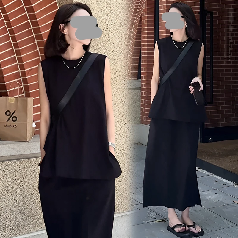 夏装搭配一整套轻熟黑色背心上衣显瘦开叉半身裙盐系炸街两件套装