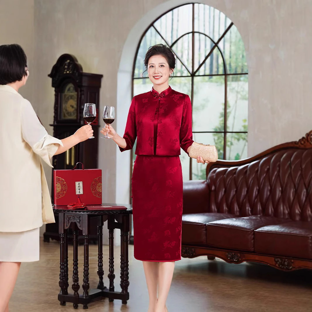 旗袍2025新款秋冬两件套喜妈妈婚宴礼服醋酸提花缎婆婆装女60693
