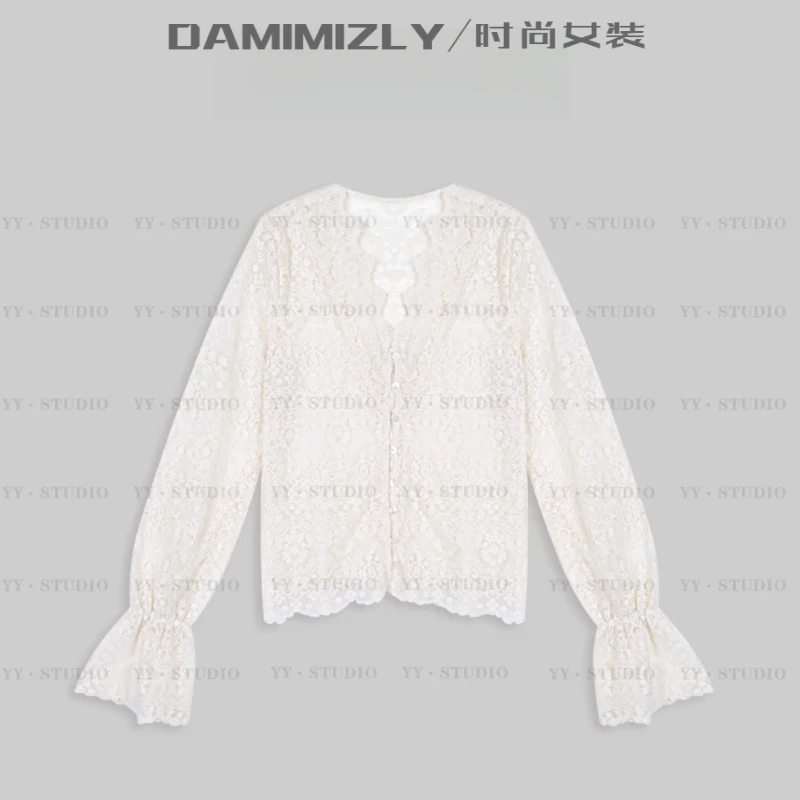 DAMIMIZLY早秋中式上衣蕾丝防晒喇叭袖开衫长袖T恤/秋装日韩服装