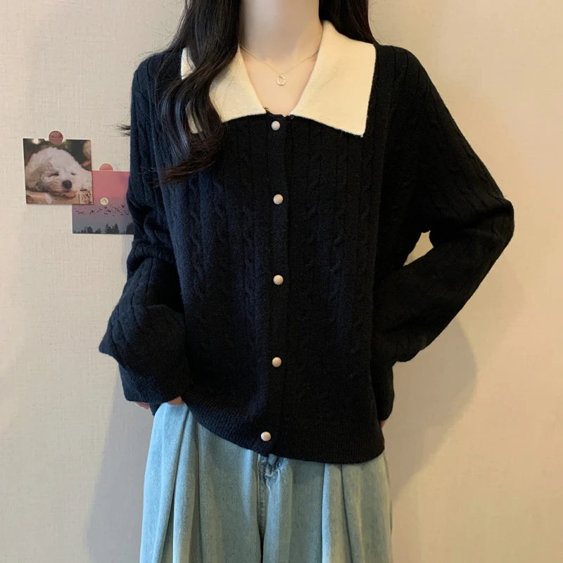 大码撞色polo领针织开衫秋冬毛衣显瘦宽松遮肚子学院风减龄上衣女