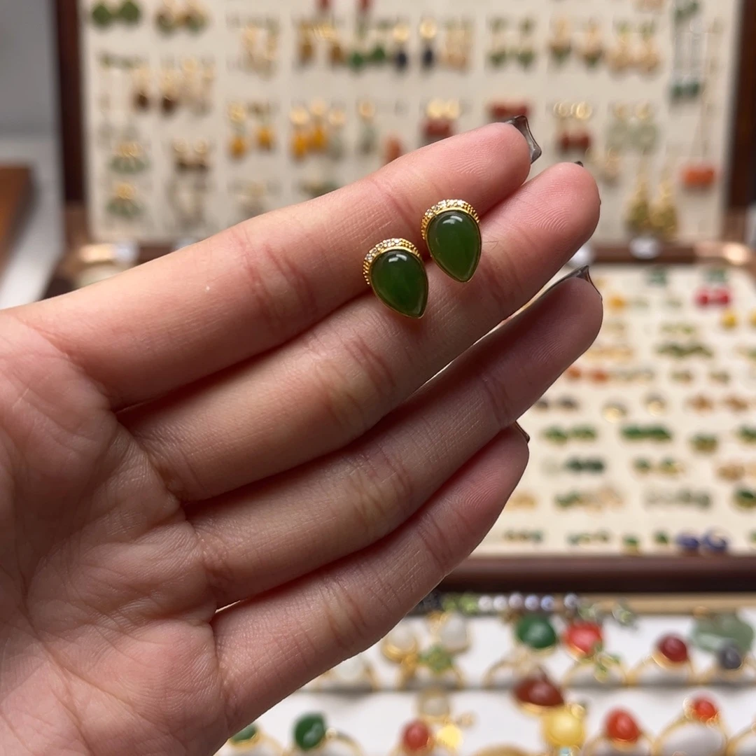 和田玉银S925镀金镶嵌耳坠