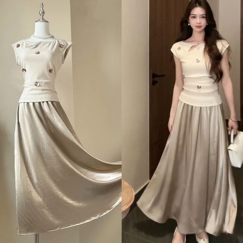 2025新款现货木子李新中式亮片气质上衣休闲A字裙套装百搭A字裙