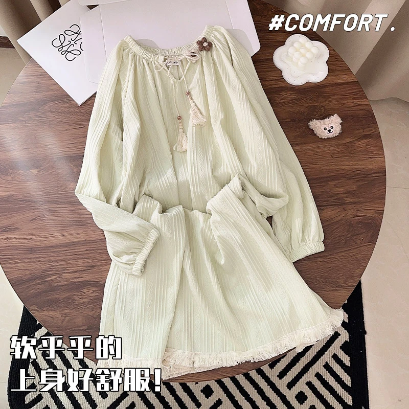 睡衣女春秋季2025新款长袖纯棉温柔甜美流苏中长款睡裙秋冬家居服