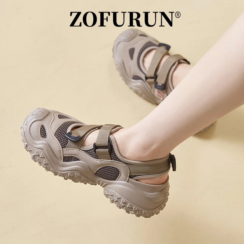 ZOFURUN包头厚底凉鞋时尚新款夏季外穿网面透气镂空休闲运动凉鞋