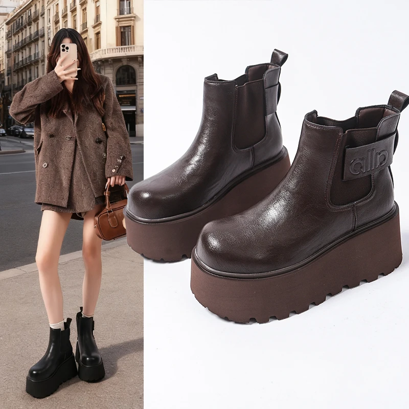 8cm厚底马丁靴女2025新款冬季加绒切尔西靴小个子增高英伦风短靴