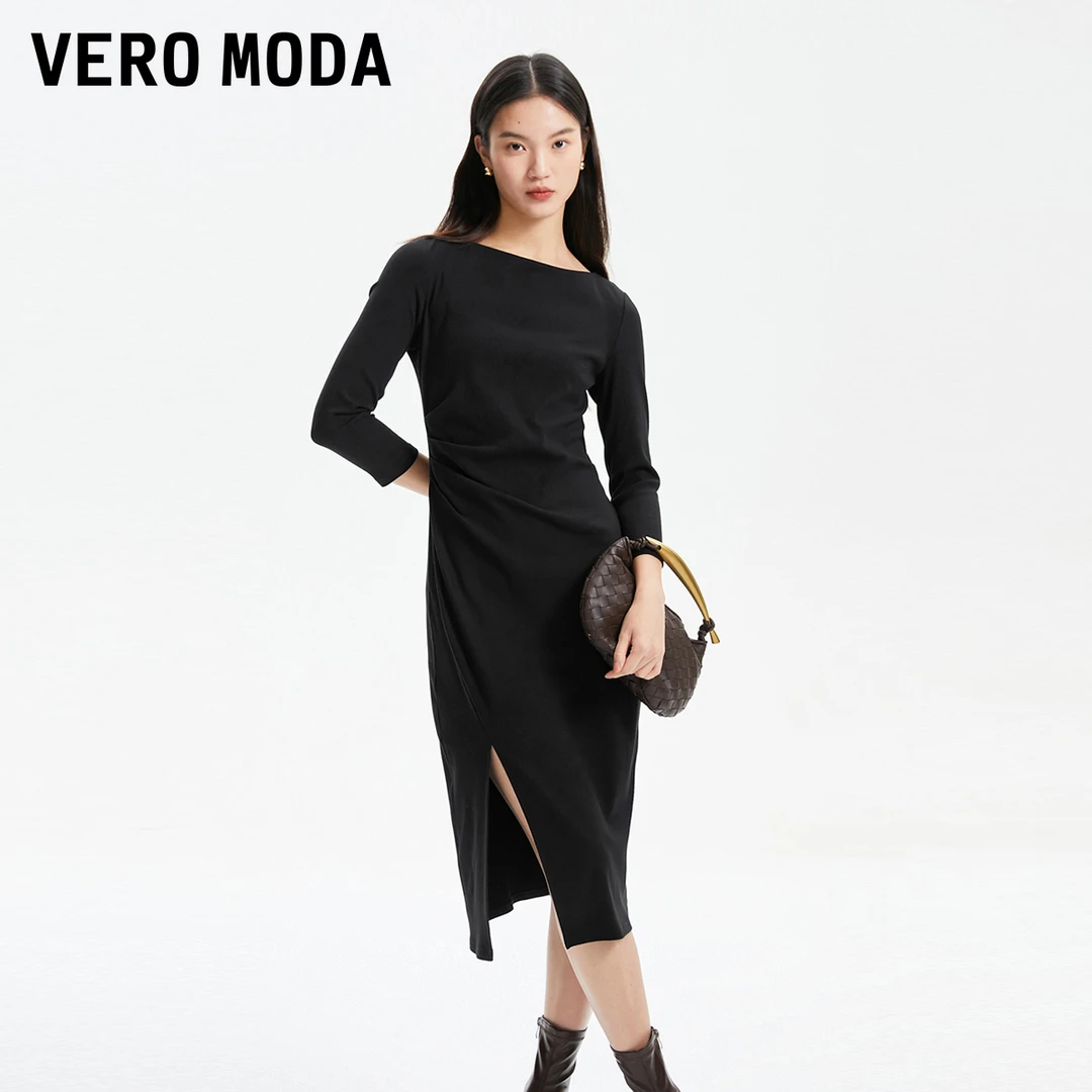 Vero Moda连衣裙女新款七分袖开叉设计简约气质百搭洋气324361045