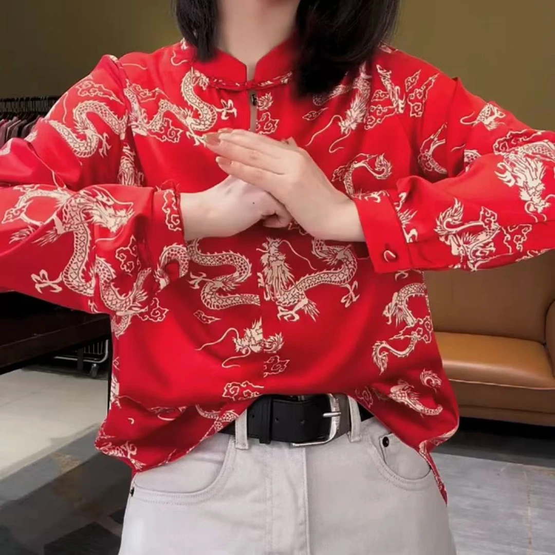 衬衫上衣长袖网红时尚印花女装百搭复古新中式国风长袖拜年打底衫