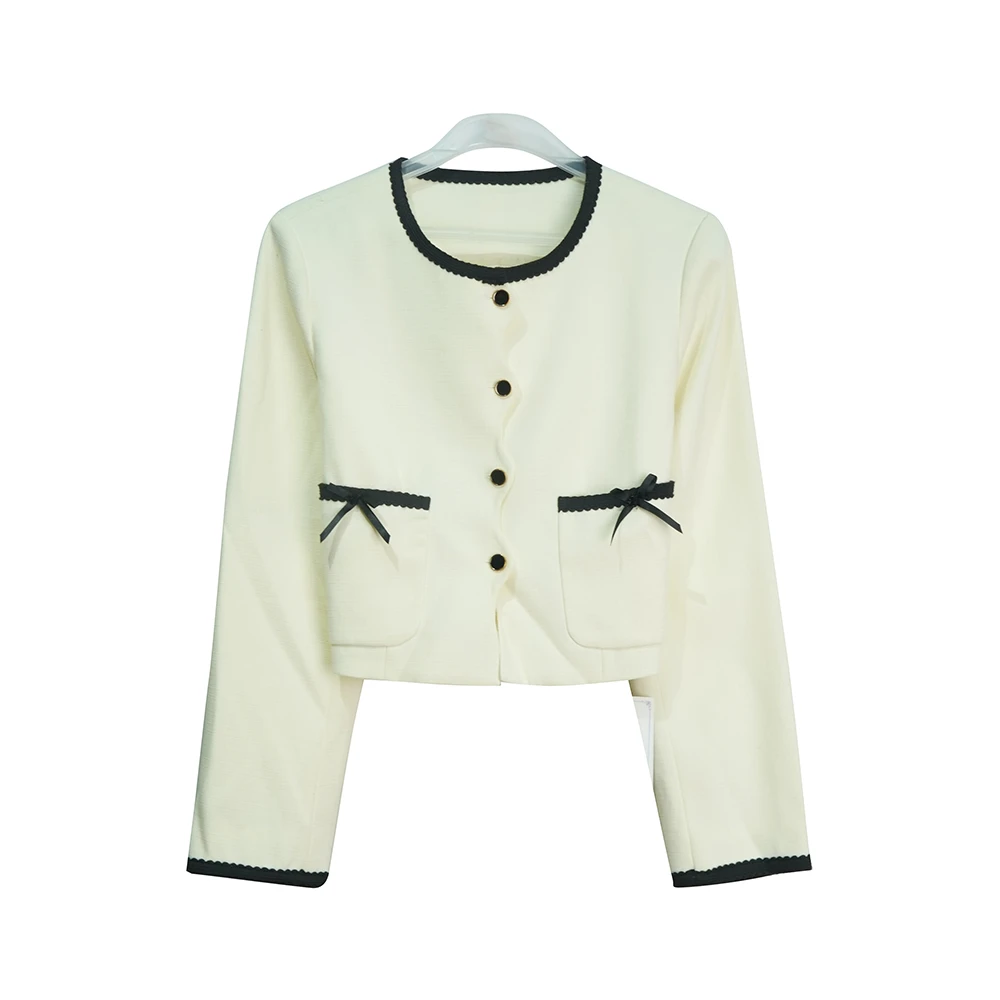 时尚法式名媛米白色小香风短外套E8819
